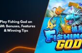 Fishing God game image featuring cartoon dragon, colorful fish, and treasure chest on 96M