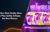 Online slots guide image showing 777 slot machine and winner banner for safe play tips
