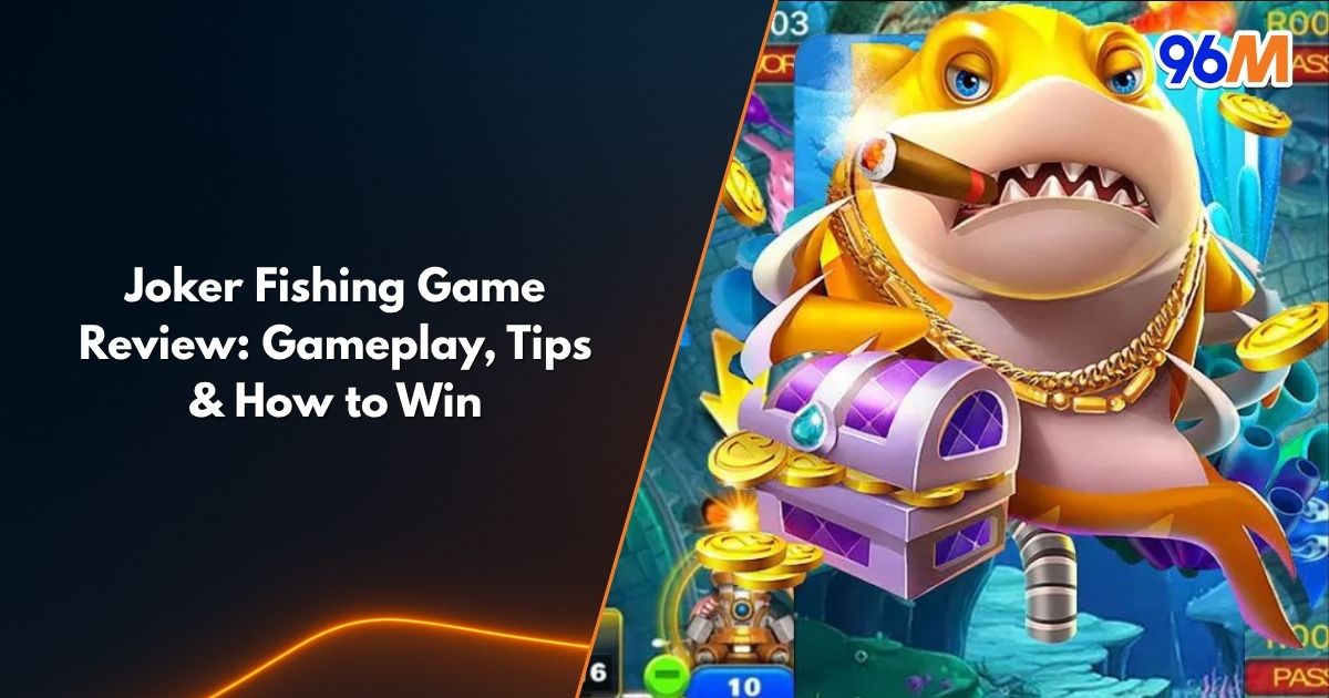 Joker Fishing game screenshot showing golden shark holding treasure chest and coins