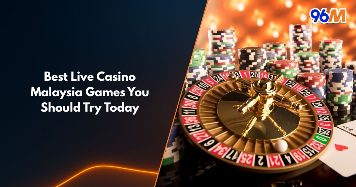 Live casino Malaysia roulette table with colorful poker chips and cards promoting top live dealer games on 96M