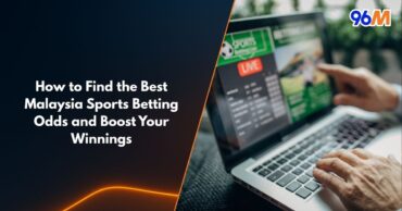 Malaysia sports betting odds guide showing person comparing live betting markets on laptop with 96M branding