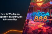 Mega888 casino lobby with vibrant lights and slot machines promoting expert guide on how to win big and proven tips on 96M
