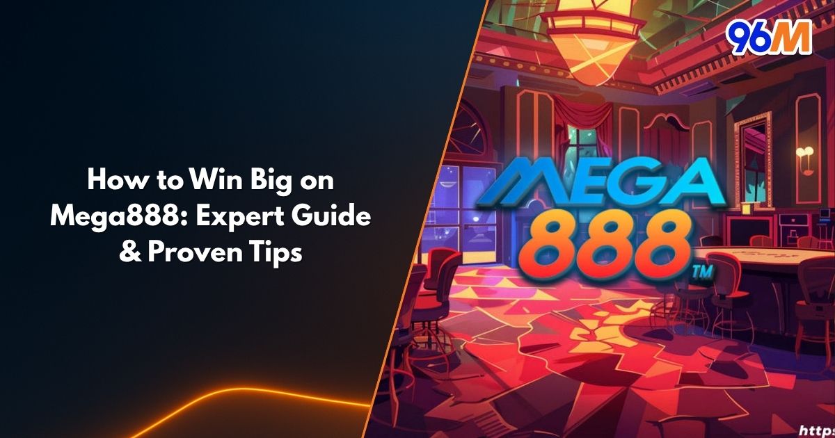 Mega888 casino lobby with vibrant lights and slot machines promoting expert guide on how to win big and proven tips on 96M
