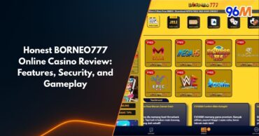BORNEO777 online casino review banner showing slot game providers, security features, and 96M branding in Malaysia