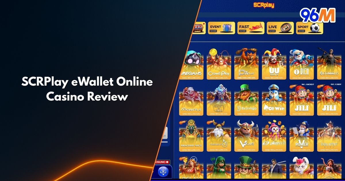 SCRPlay eWallet online casino review banner showing popular slot game providers and 96M branding