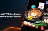 Grab777 online casino Malaysia review image showing roulette wheel, slot machine, playing cards, and 96M logo