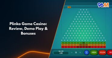 Plinko casino game interface showing betting layout, colored multipliers, and falling ball path for demo play and review on 96M