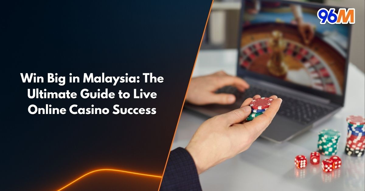 Player holding poker chips while playing live online casino roulette game on laptop at 96M Malaysia