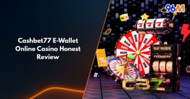Cashbet77 eWallet online casino review featuring slot machine, roulette wheel, and jackpot prizes on 96M gaming platform
