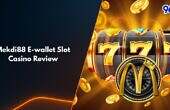 Mekdi88 eWallet slot casino banner with golden 777 slot reels and 96M branding