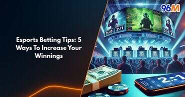 Esports betting tips showing a live gaming tournament arena with players, screens, and betting odds, illustrating 5 ways to increase your winnings at 96M