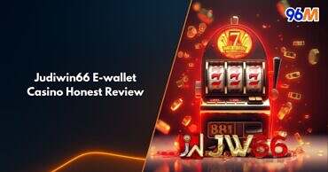 Judiwin66 slot-themed image with glowing red reels and e-wallet focus — 96M’s review cover.