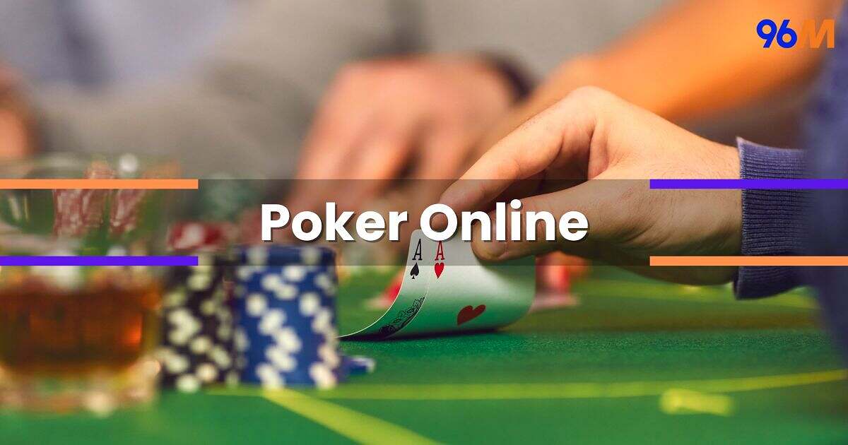 96M Poker Online game table showing cards, chips, and betting layout, promoting online poker gaming in Malaysia
