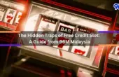 Slot machine reels showing sevens and bar symbols with the text 'The Hidden Traps of Free Credit Slot: A Guide from 96M Malaysia', highlighting risks of free credit slot offers at online casino Malaysia