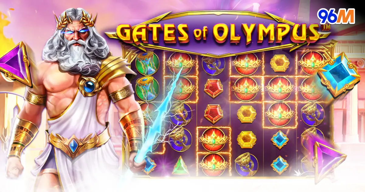 Colorful online slot game Gates of Olympus featuring Zeus holding a lightning bolt, with vibrant reels of jewels and symbols, popular at online casino Malaysia 96M