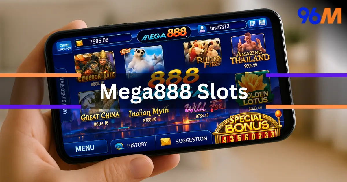 Mega888 slot games on mobile screen via 96M Malaysia online casino