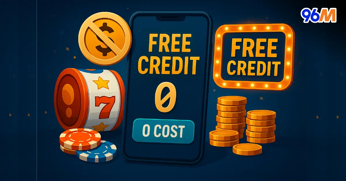 Digital illustration showing free credit slot promotion with a mobile phone displaying zero cost, casino chips, spinning slot reel with number seven, gold coins, and glowing free credit sign, representing no deposit free credit offers at online casino Malaysia