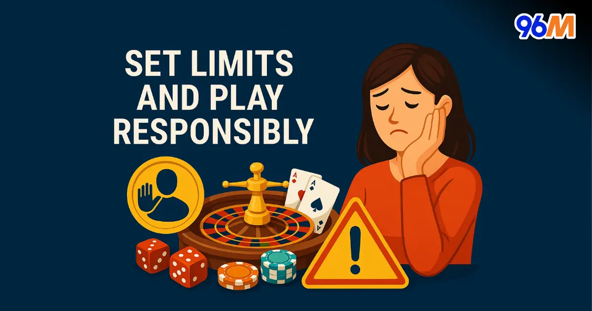 Illustration of a worried woman beside roulette wheel, casino chips, dice, caution sign, and stop gambling symbol with text set limits and play responsibly, promoting responsible gambling at online casino Malaysia 96M