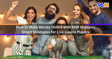 Group of happy friends playing live casino poker with cards and chips, featuring 96M Malaysia strategies for making money online