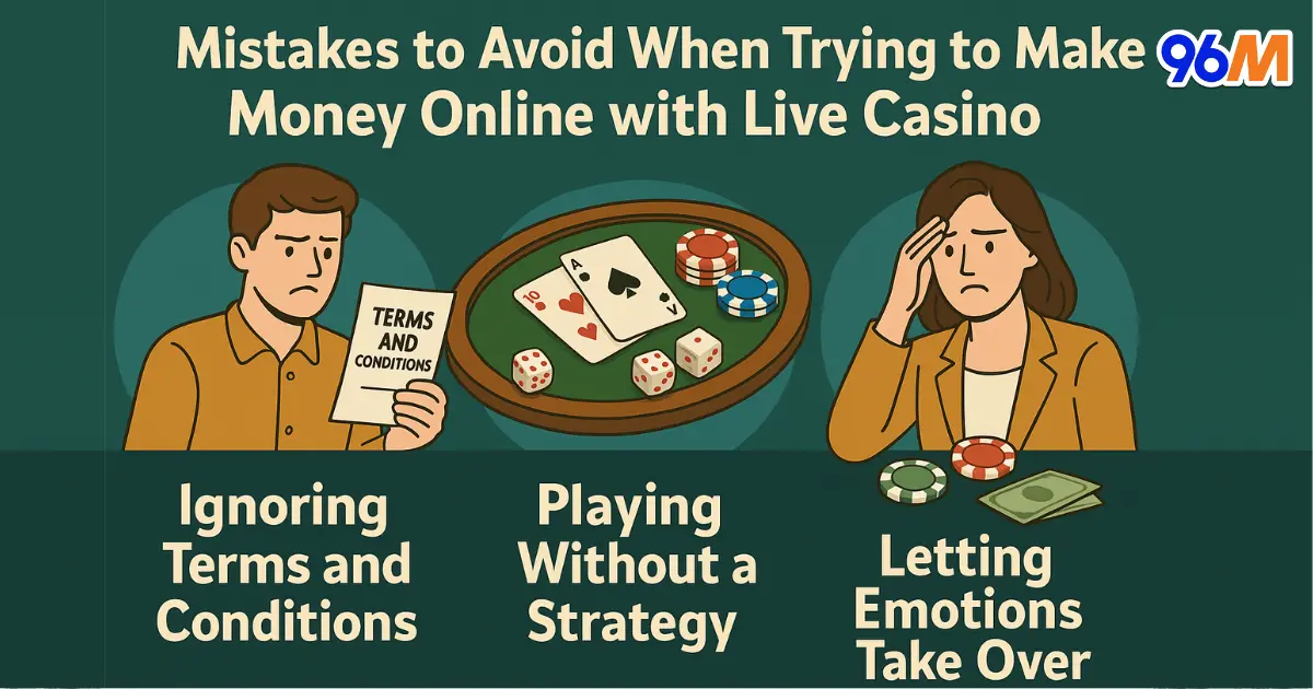 Live dealer handling cards with poker chips and cash on casino table at 96M Malaysia online casino